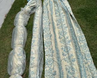 Custom blue and white curtain panels with valance