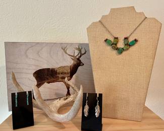 STERLING SILVER NATIVE AMERICAN CACTUS PENDANT, STERLING FEATHER EARRINGS, STERLING AND TURQUOISE DROP EARRINGS