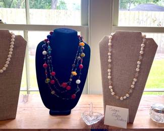 COSTUME JEWELRY, TRIFARI NECKLACE, CRYSTAL DISH WITH STERLING LID, WATERFORD RING HOLDER