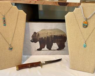 STERLING SILVER AND INLAID TURQUOISE PENDANTS, WOOD HANDLE FIXED BLADE KNIFE