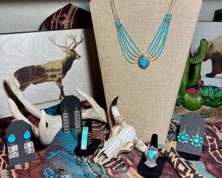NATIVE AMERICAN STERLING AND TURQUOISE LIQUID SILVER CHOKER, NATIVE AMERICAN ALEX SANCHEZ LOOK EARRINGS, TURQUOISE BAR RING, NA TURQUOISE RING
