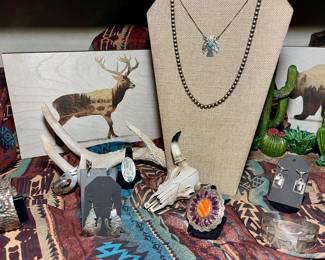 STERLING PEARL NECKLACE, THUNDERBIRD TURQUOISE NECKLACE, LARGE ORANGE AND RED SPINY CONCHO PENDANT, STERLING HAMMERED SEAHORSE CUFF AND MORE 