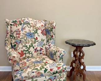 HICKORY BRAND WINGBACK CHAIR, MARBLE TOP ACCENT TABLE