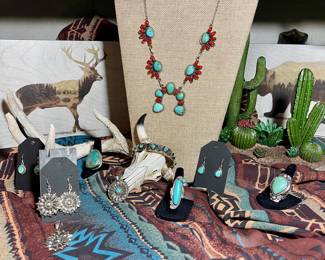 NATIVE AMERICAN AND STERLING SILVER JEWELRY-SOME SIGNED, TURQUOISE AND CORAL NAJA NECKLACE