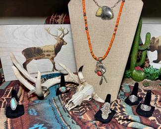 SPINY OYSTER AND STERLING HORSE NECKLACE SIGNED BY BEN BOYD, CARVED BEAR NECKLACE, MENS STERLING ANCHOR RINGS, NATIVE AMERICAN TURQUOISE RINGS, NATIVE AMERICAN STERLING CUFFS