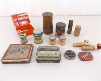 Vintage and Antique Medical Apothecary Tins, Wood Cylinders, Floss, etc.
