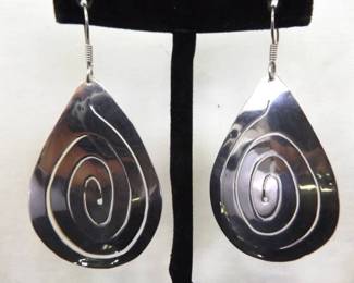 .925 Sterling Silver Spiral Shield Dangle Hook Earrings
