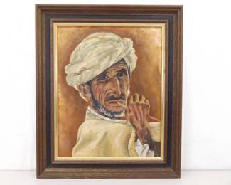 Wood Framed Oil on Canvas of an Indigenous Man by Artist J. Lee
