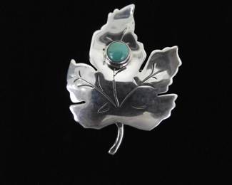 .925 Sterling Silver Turquoise Cabochon Leaf Brooch

