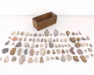 Wood Box of Unfinished, Partial, Broken, etc. AUTHENTIC Antique Indian Arrowheads 
