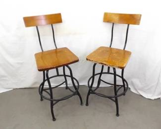 Set of 2 Vintage Wood and Iron Swivel Bar Stools
