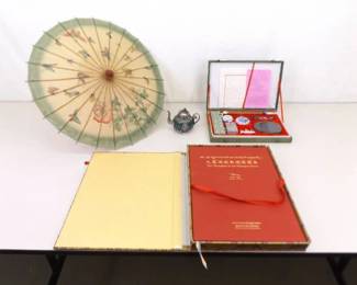 Lot of Antique Stone Teapots, Bamboo Umbrella, and Other Asian Decor
