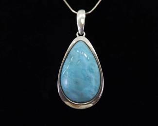 .925 Sterling Silver Larimar Cabochon Pendant Necklace
