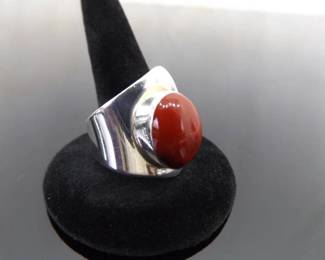 .925 Sterling Silver Coral Cabochon Adjustable Ring Currently Size 10
