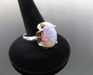 .925 Sterling Silver Dichroic Cotton Candy Glass Cabochon Ring Size 13.5
