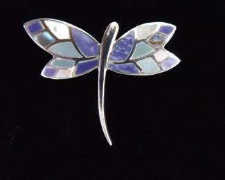 .925 Sterling Silver Inlayed Mother of Pearl Dragonfly Brooch
