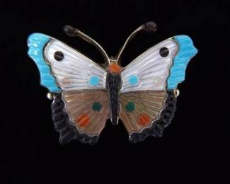 .925 Sterling Silver Artist Signed Inlayed and Carved Turquoise, Coral, Onyx and Mother of Pearl Navajo Butterfly Brooch
