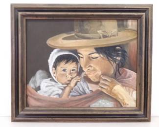 Wood Framed Oil on Canvas of an Indigenous Mother and Child by Artist J. Lee
