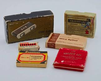 (6) Vintage Items


Boxed 3x Sport Glass (opera glasses/binoculars)
Reese’s Interlocking Adjustable Stencils kit
Wire Splint Unit No. 116A – Medical Supply Company, Rockford, Illinois
Dennison Gummed Labels (No. 201)
Acco Bantam Staples (1,000 #115 staples)
The Master Key Chromatic Pitch Instrument



