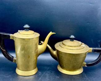 (2) Vintage Brass Teapots With Wooden Handles
