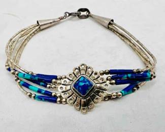 7.25” Sterling Silver Blue Beaded Bracelet Stamped 925
