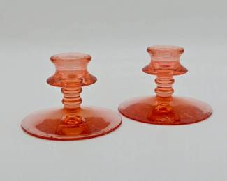 (2) Pink Depression Glass Candlestick Holders
