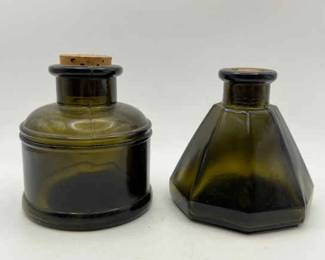 (2) 3” Vtg Japanese Green Glass Bottles with Corks
