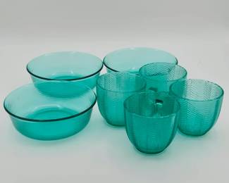 (4) Arcoroc Turquoise Herringbone Cups & (3) Bowls
