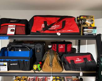 Various tool bags and carriers. Various brand new tools.