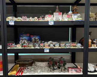 Huge amount of baskets (an entire shelf full, plus many others throughout house), Christmas village items, Christmas towels, vintage Hobnob candle holders, .