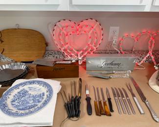 Currier & Ives plates, various knives, wedding cake cutting sets. All vintage. Valentine lights.