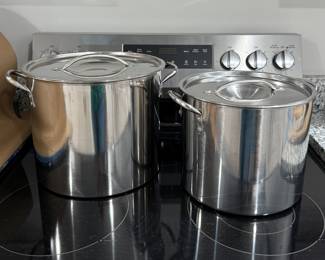Stainless steel stock pots.