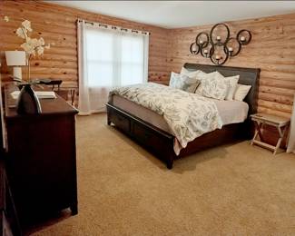 Main Suite with Bed, Side Tables, Dresser, Desk, Candle Light Sconce, Curtains, Window