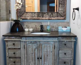 Birch Vanity Mirror, Distressed Wood and Granite Vanity