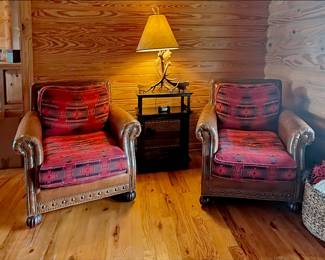 Ralph Lauren Leather and Fabric Armchairs, Antler Lamp