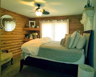 Round Mirror, Bed, Corner Shelf, Curtains, Ceiling Fan