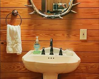 Pedestal Sink, Antler Mirror, Triple Vanity Light Fixture, Towel Rings
