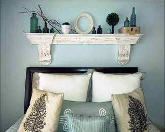 Painted Shelf, Bed, Decorative Pillows