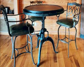 Crank Adjustable Bar Table with Three Iron Barstools with Black Leather Seats
