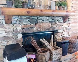 Fireplace Mantle, Blankets, Baskets, Aromatics, Decor.