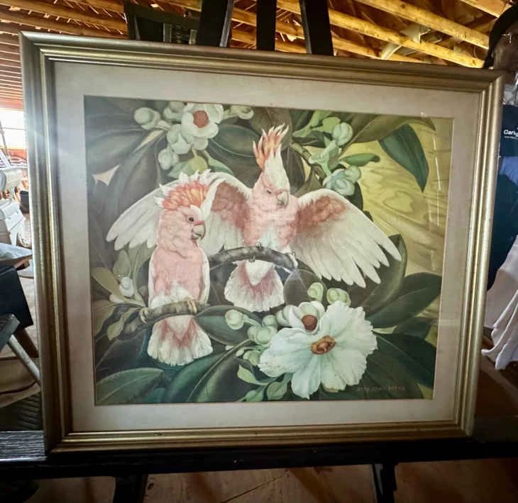 001 A Pair of Cockatoos by Jessie Arms Botke and Antique Marble Top Dresser