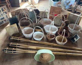 Baskets, Vintage Picture Frames And 3 Tiki Lights