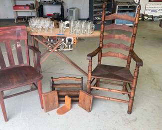Antique Ironing Board, Chairs, Magazine Holder