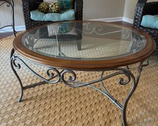 Wood and wrought iron glass coffee table.  Matching End Table also available