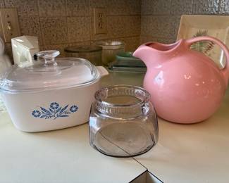 Pink Tilt Ball Pitcher, Hall USA Stoneware; Vintage/antique glass apothecary or tobacco jar; Blue Cornflower CorningWare casserole dish