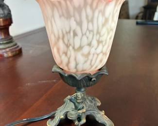 Vintage Tin Chi Bronze Cherub Drummer Lamp with frosted glass shade.  