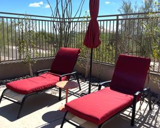 2 Loungers  Red Patio Umbrella