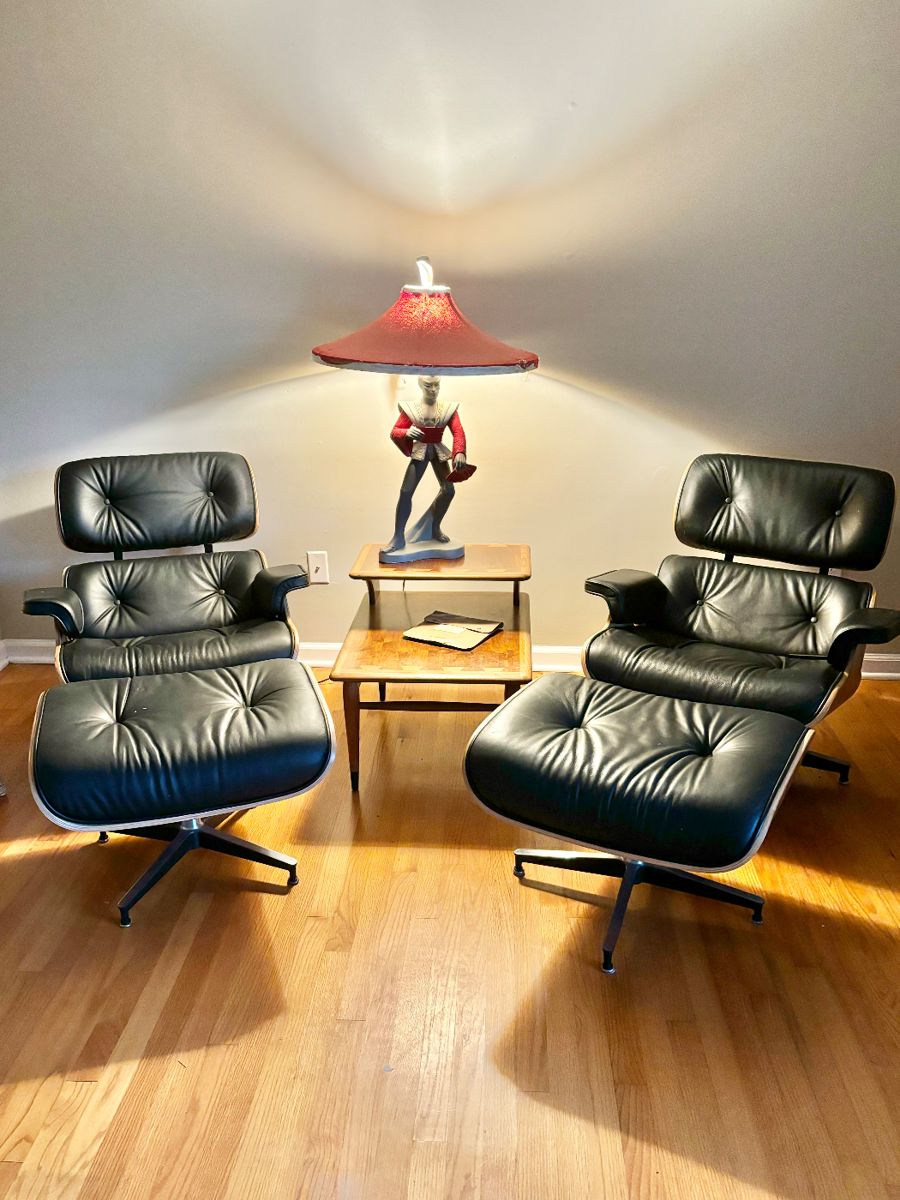 Pair of Mid Century Modern Chairs and Ottomans