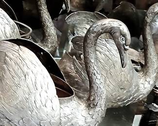 Large silverplated swans with glass bowl inserts