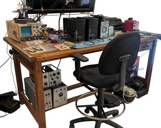 Large Work Bench, Tall desk Chair, and Misc. Electronics 